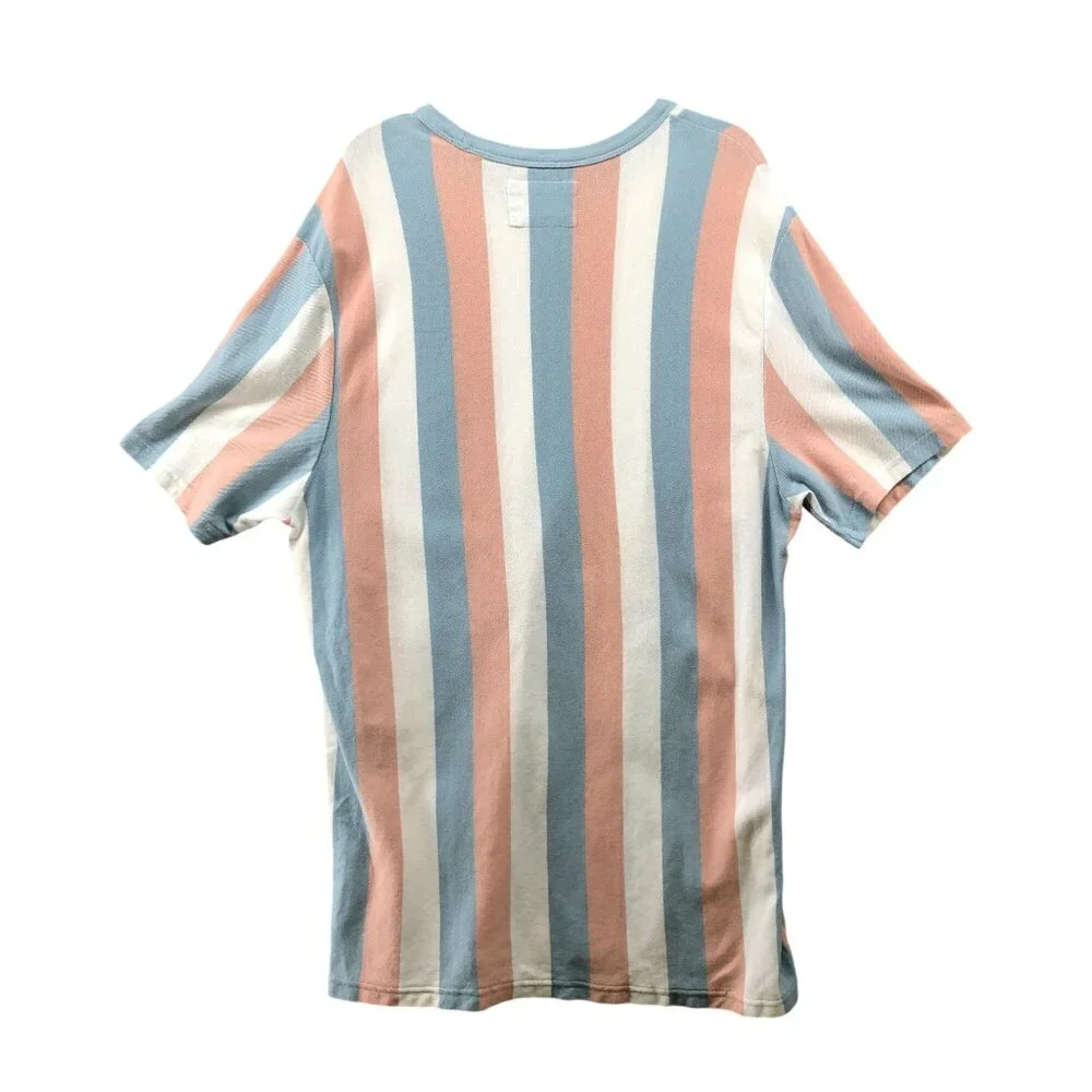 Guess Knit T Shirt Mens XL Cotton‎ Crewneck Short Sleeve Striped Peach Blue Long - Picture 2 of 8